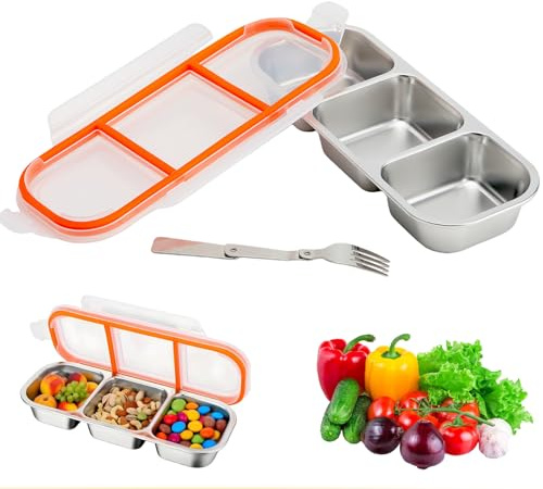FrostyFlair Snackbox con 3 compartimentos, lonchera de acero inoxidable con tenedor plegable, caja de snacks a prueba de fugas, apta para lavavajillas, caja Bento, caja de snacks para escuela,