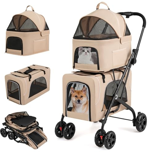 GOPLUS 3 en 1 Poussette Chien Pliable et Amovible à 4 Roues, Chariot pour Chat Portable avec Charge 30KG, Panier de Rangment avec Fenêtre en Maille, Tissu Oxford, pour Animaux de Compagnie (Beige)