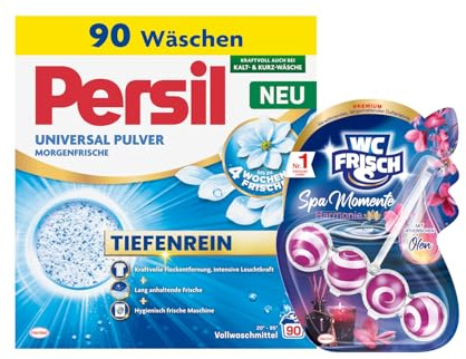 PERSIL Universal Pulver Morgenfrische 90 WL 4,95 kg + WC FRISCH Spa Momente Harmonie 1x 50 g – Langanhaltendes Dufterlebnis, Frische für die ganze Wohnung