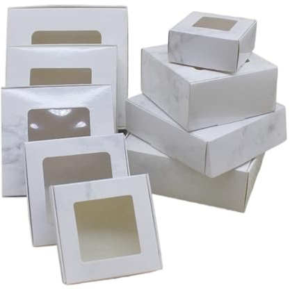 10 Stück weiße/Kraftpapier-/weißmarmorierte quadratische Verpackungskartons in verschiedenen Größen, geeignet for Geschenke und Pralinen(Marble window box,7.5x7.5x4cm)