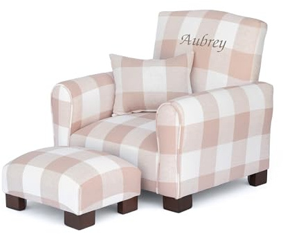 Toddler Personalized Armchair, Kids Upholstered Rocking Chair with Personalization, Toddler Chair with Personalized Name, Comfy Child Armchair (Legs, Blush Check)