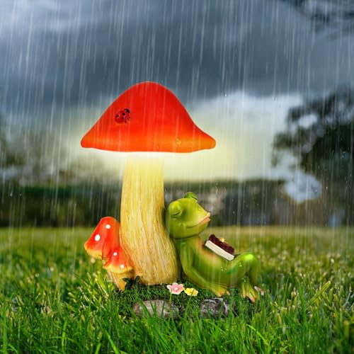 dojune Solar Powered Garden Mushroom Statue with Reading Frog, Outdoor Decorative Light, Hand-Painted Resin, Auto On/Off (Green)