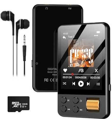 128GB MP3 Player with Bluetooth 5.3, AGXOV Music Player with Built-in HD Speaker, FM Radio, Voice Recorder, HiFi Sound, E-Book, Earphones Included