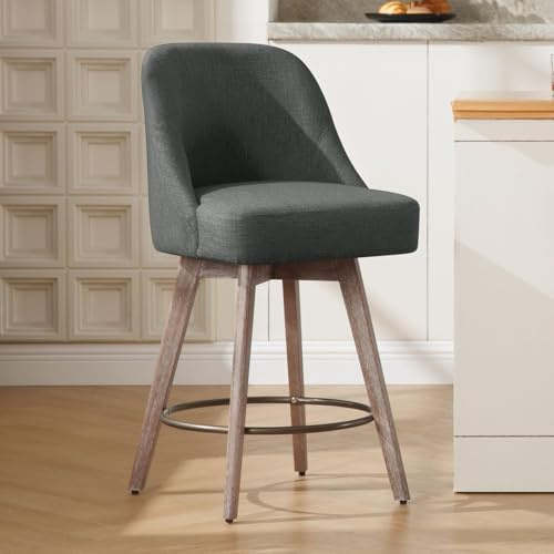 Bekrvio 360°Drehbarer Barhocker 1er Set,Barhocker mit Lehne 65cm Sitzhöhe,Tresenhocker Drehhocker,Küchenstühle mit Holzbeinen & Fußstütze,Komfortabler Barstuhl mit Gepolsterter Sitzfläche Linen