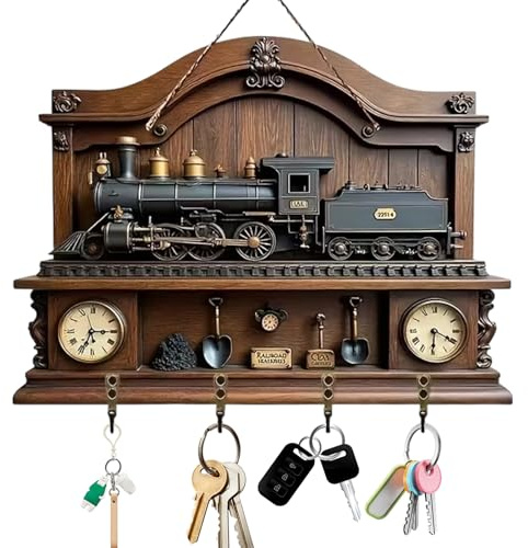 Fychuo Vintage Dampflok Schlüsselbrett Ohne Bohren, Retro Eisenbahn Schlüsselhalter aus Holz, Wanddekoration für Flur und Eingangsbereich, Praktische Schlüsselaufbewahrung mit 4 Haken, 1 Hanfseil