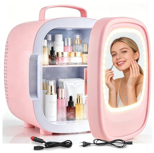 Mini Frigorifero Cosmetici, Mini Frigo 2 in 1 6L, con Specchio e Luce LED Dimmabile, Frigorifero e Riscaldatore per Cosmetici, Cura della Pelle, Bevande, Ufficio, Camera, Auto Rosa