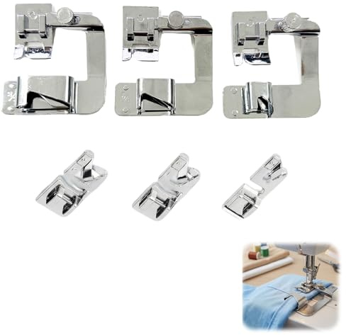 6 stycken sömnadsfötter, sömnadspressar för symaskin, rullfållssömsfötter inklusive smal rullfåll tryckfot (3/4/6 mm) och bred rullfåll (4/8,6/8,8/8 tum) för sömmaskiner i hemmet
