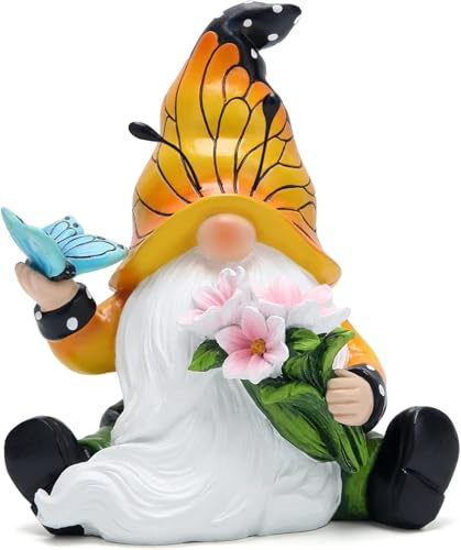 ZAWUU Butterfly Garden Gonk with Pink Flowers, Resin Monarch Gnome Statue for Outdoor Patio, Spring Summer Figurine for Balcony, Window Box and Home Office Decor