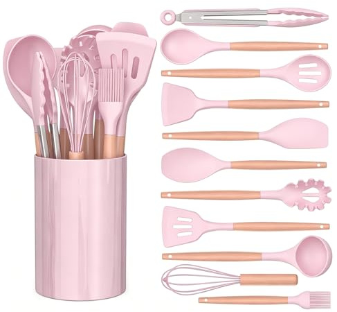 12 PCS Silicone Cooking Utensils Set with Wooden Handle, Kitchen Utensil Set, Heat Resistant, Nonstick Cookware Tongs Spatula Spoon Set, Dishwasher Safe, Best Kitchen Tools with Holder (Pink)