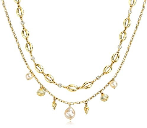 AIEDECOPT Collana Conchiglia, 2PCS Collane Sovrapposte con Perla/Conchiglia, Collanas Estiva da Spiaggia, Collanas Donna Oro Bohémien per Spiaggia, Vacanze, Uso Quotidiano, Regalo Moda per Donne