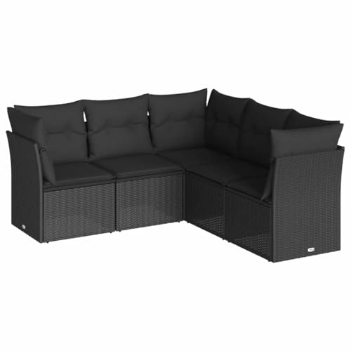 XHNIFBN Garten-Sofagarnitur 5-teilig, Lounge-Set für Terrasse und Garten, modulares Rattan-Sofa mit Stauraum-Funktion und Sitzkissen, Schwarz