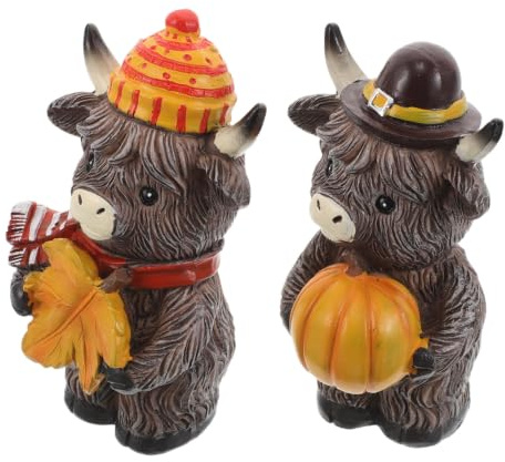 NIYANGLE Highland Cow Statues Rustic Thanksgiving Resin 2pcs with Pumpkin and Maple Leaf, Compact and Space-saving Autumn Farmhouse Tiered Tray Decoration for Windowsills and Bookshelves