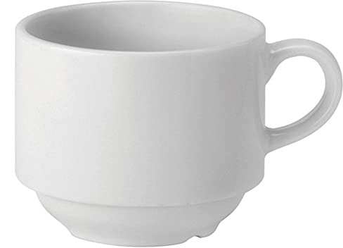 Utopia Pure White Stacking Cup 7oz / 200ml - Case of 24 - Vitrified Porcelain Mugs, Coffee Mugs | Space-saving storage profile serves as robust coffee or tea mugs, built for busy professional catering settings.