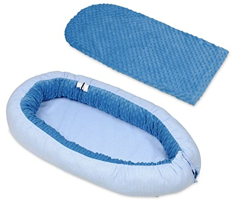 Velinda Kuschelnest Babynest Babynestchen Nestchen Reisebett Wickelauflage Kuschelbett (Muster: Blaue Karos - blau)