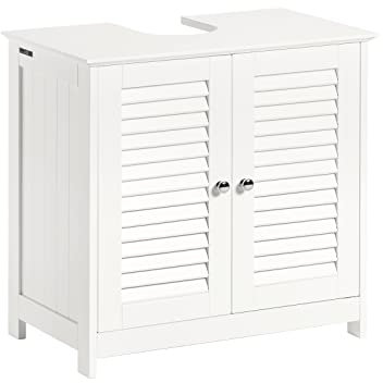 SoBuy Waschbeckenunterschrank, Badschrank mit verstellbaren Regalböden, Badmöbel aus MDF, Unterschrank für Badezimmer, Anti-Schimmel Lamellentür, Weiß, 60x58x35cm, FRG237-W