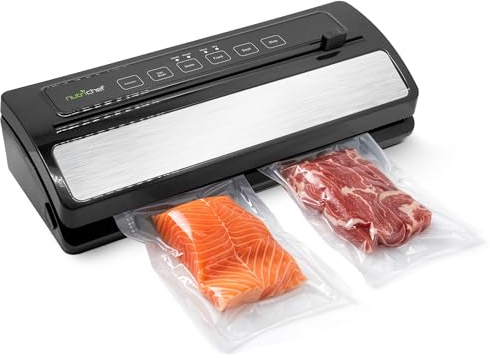 NutriChef Máquina Automática de Envasado al Vacío – 110W Acero Inoxidable para Carnes y Sous Vide, 2 Modos de Sellado, Bolsas y Tubo de Vacío – Negro