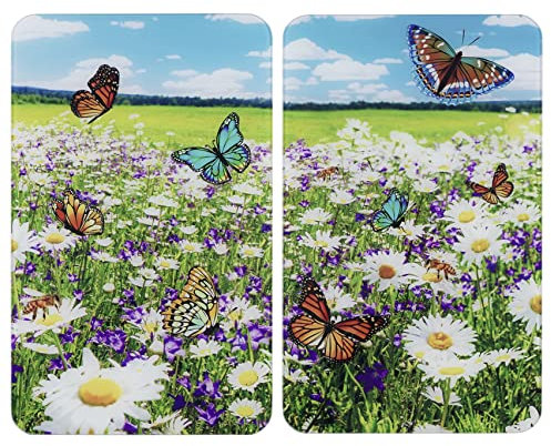 WENKO Placas protectoras para cocina Mod Prado de verano, ajustable en altura para todo tipo de cocinas, tabla de cortar y protector contra salpicaduras, vidrio, 30 x 52 cm, juego de 2