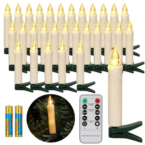 FREEPOWER 30er LED Christbaumkerzen Kabellos mit Fernbedienung Timer Flackern LED Kerzen Weihnachtsbaum Warmweiß Weihnachtsdeko Lichterkette Innen Außen Wasserdicht(mit 30 Batterien)