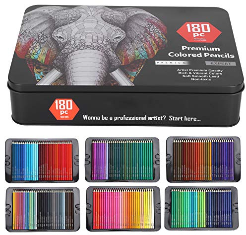 Zerodis 180pcs Holzskizzenstifte Set, farbige Kunststifte Sketch Travel Set Künstler Drawing Kit Präzisions-Graphitstifte mit Eisenbox für Erwachsene Kid Artists