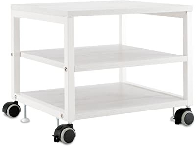 Small White Stand Mobile Office Furniture for Printer with 3 Shelves 49 x 45 x 41.5 cm (L x D x H) - Wooden Portable Rolling Table with Wheels (Model 2)