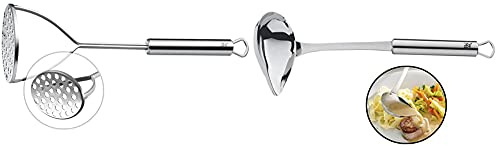 WMF Profi Plus Kartoffelstampfer 28,5 cm, Cromargan Edelstahl teilmattiert, spülmaschinengeeignet & Profi Plus Saucenlöffel 28 cm, Soßenkelle mit Schnaupe, Cromargan Edelstahl teilmattiert