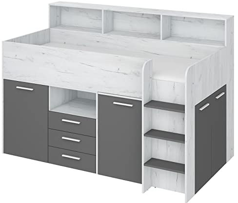 BIM Furniture Etagenbett NEO P Kindermöbel, Möbelset für Kinderzimmer, EIN Bett mit Schreibtisch, Regalen, Schubladen: Rechte Seite (Craft weiß/Graphit)