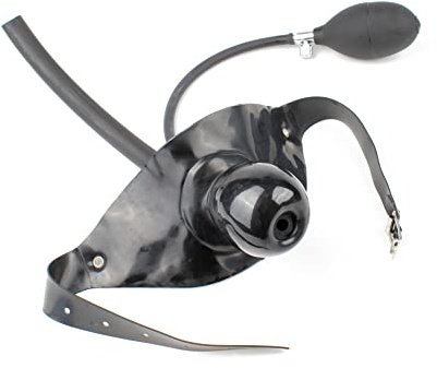 Rubberfashion Latex Knebel - Mundknebel aufblasbar - Gag mit Atemrohr, Pumpe und Kopfband für Damen und Herren schwarz 0.4mm Einheitsgröße