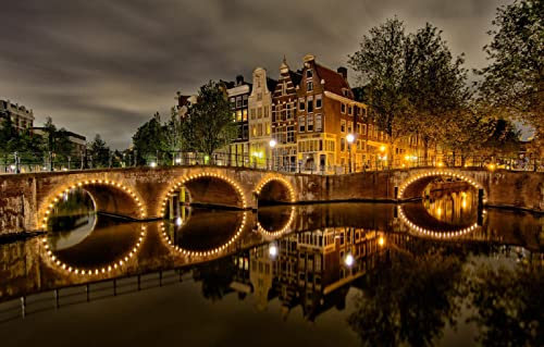 LHJOYSP Puzzle Erwachsene 1000 Teile Stadtsommerhimmellandschaft Nachtbrücke beleuchtet Flussstraße 75x50cm