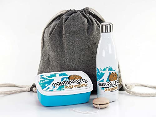 GRAZDesign Geschenkset Junge Handballer Sport, inkl. Trinkflasche Brotdose und Zugbeutel, personalisiert Wunschname, Geschenk Box Einschulung, Geburtstag, Edelstahl 500ml