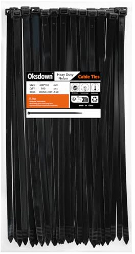 Oksdown Paquete de 100 bridas de plástico grueso negro resistente, grandes, 400 mm x 9,0 mm, de nailon fuerte, autobloqueante, 40 cm, extra largas con cremallera