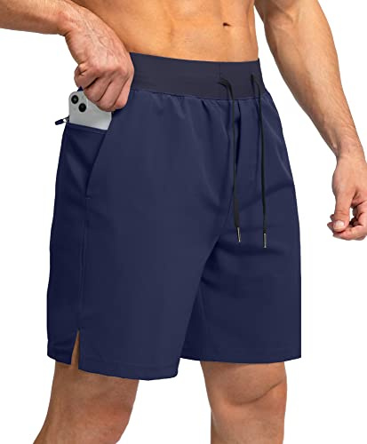 Men's Running Shorts with Zipper Pockets 7 Inch Lightweight Quick Dry Gym Athletic Workout Shorts for Men (Navy, L)