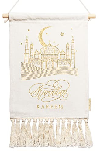 Papierdrachen Ramadan Wandbehang als dekorativer Hingucker - beige & gold - Wandteppich hochwertig bestickt - mit Holzstab - wiederverwendbar - Set 4