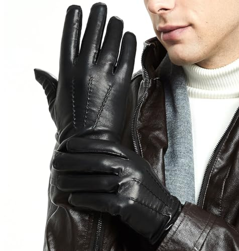 ZLUXURQ Herren Winter Echtes Schaffell Leder warme Handschuhe Kaschmir oder Wolle Futter