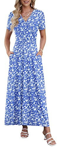AUSELILY Casual V Neck Empire Waist Wrap A Line Cross Summer Floral Beach Maxi Boho Dresses with Pockets M