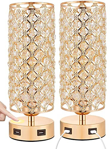 LGDEERCO Charging Touch Kristall-Tischlampe 2er-Set mit Zwei USB-Ladeanschlüssen, Gold-Nachttischlampe, Nachtlicht für Schlafzimmer, Wohnzimmer, Restaurant, Hotel, Büro