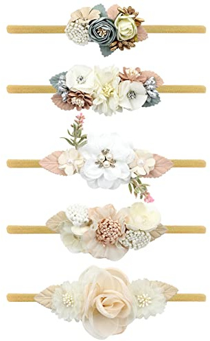 Cinaci 5 fasce per capelli in nylon con fiori delicati, accessori per neonati, neonati, neonati, bambini e bambini (5 pezzi S5)