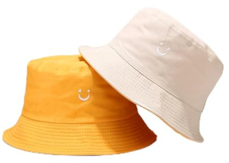 O-Kinee Sonnenhut Kinder,Anglerhut mit Lächeln Mädchen,Fischerhut Faltbar,Sommerhut Outdoor für Mädchen und Jungen,Doppelseitiger Bucket Hat für Kinder von 2–8 Jahren,Weiß und Gelb