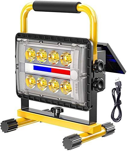 Luz de trabajo LED Foco solar 200W, Foco de construcción de batería 3500K Luz cálida, Lámpara de trabajo recargable por USB con 4 modos de luz, Banco de energía de 20800Mah, Foco de exterior para Wo
