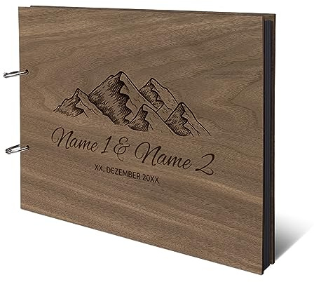 Personalisiertes Hochzeit Fotoalbum echtes Holz DIN A4 Hochzeitsbuch mit Lasergravur - Berge - mit 25 Blatt / 50 Seiten Fotokarton Schwarz