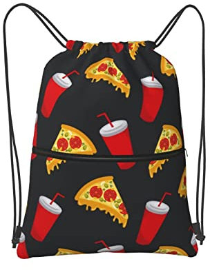 SJOAOAA Drawstring Bag Fast Food Pizza Pattern Drawstring Zipper Backpack Water Resistant String Bag Sports Sackpack Gym Sack With Side Pocket For Men Women