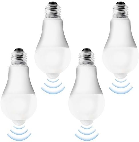 Confezione da 4 lampadine LED E27 con sensore di movimento: lampada PIR 15 W bianco freddo 6500 K, sensore di luce, risparmio energetico per corridoio, garage, scale, balcone