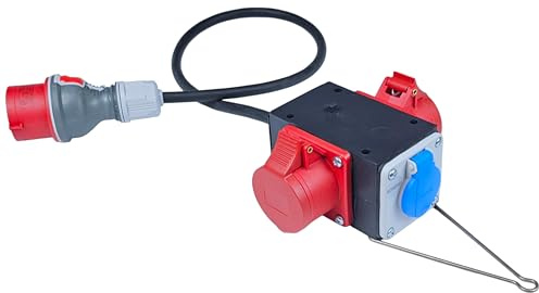 RoadEu - Stromverteiler mit CEE und Schuko Ausgänge - 380V und 230V Baustromverteiler 16A - Mobilverteiler, Gummikabel 0,5 m - 5-poliger CEE-Stecker und Dosen Energieverteiler