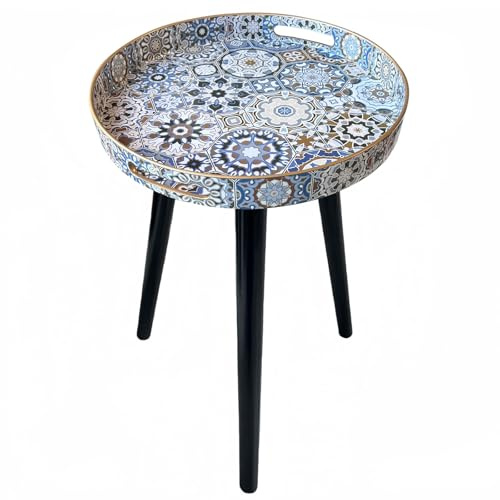 Simmer Stone Round Indoor Side Tables with Detachable Wooden 3 Legs, Versatile Tray Table, Perfect For Round Coffee Table Tea, and Relaxation Time 17.7 Inch (Bohemian)