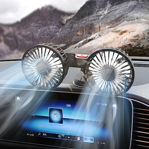 Demiawaking 12V 24V Auto Ventilator Geräuscharmer 360 Grad Rotation USB 3-Gang Geschwindigkeit Auto Lüfter Kühler mit Saugnapf für Auto SUV LKW (USB Doppelkopf)