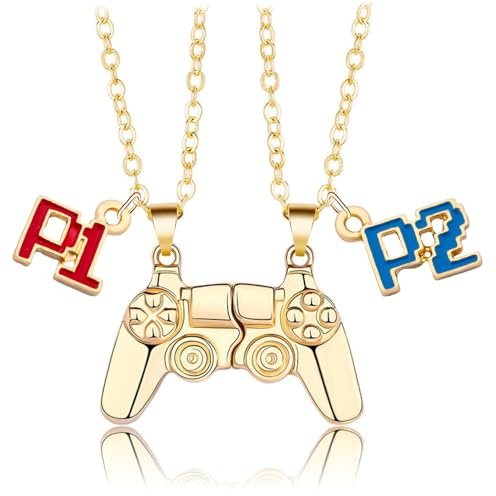 Bixorp Gamer Freundschaftskette für 2 - Magnetische BFF Kette - Controller Anhänger mit P1 & P2 - Geschenk für Gamer Best Friends