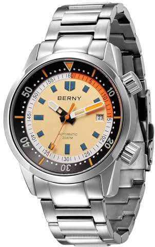 BERNY Montre Automatique pour Hommes Montre de Plongée 20ATM Montre-Bracelet Mécanique Verre Saphir Bracelet Confortable en Acier Inoxydable Super Luminous Male Watches