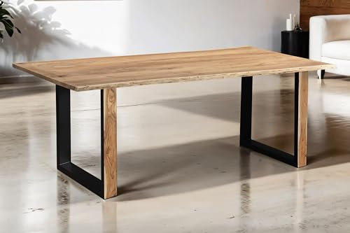 SAM Baumkantentisch 200 x 100 cm Melbourne, Akazienholz massiv + naturfarben, Esstisch mit schwarzem U-Gestell aus Metall & Holz-Außenseite, echte Baumkante, pflegeleichter Esszimmertisch