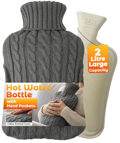 LKH Hot Water Bottle with Cover UK - 2L Hot Water Bottle for with Cover UK | Soft Knitted Washable Cover with hand pockets keeps both hands warm, Leakproof Design For Neck, Back, & Period Pain - Grey