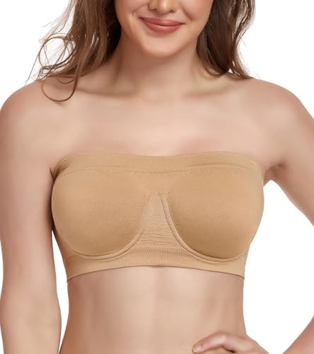 Lemorosy Bralette för kvinnor, sömlös, ostoppad, bandeau bygel, multiway BH, Beige, L
