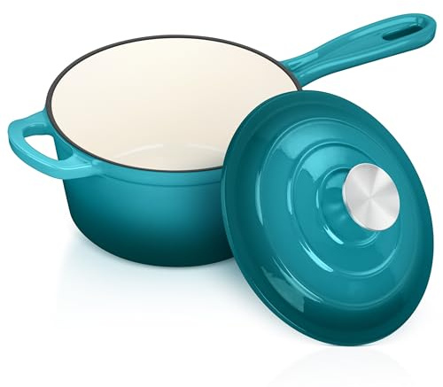 Leonyo Stielkasserolle aus emailliertem Gusseisen mit Deckel, 2 Quart Stielkasserolle mit Deckel, emaillierter Gusseisentopf, Dutch Oven Küche, Kochgeschirr für alle Herdarten zum Kochen von Suppe